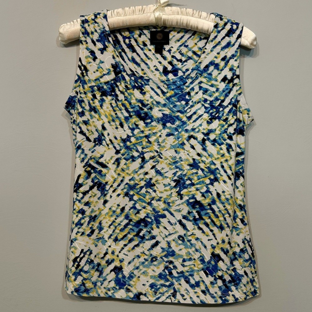 JM Collection Sleeveless Top Female P/S Blue Yellow Abstract Textured Knit B123